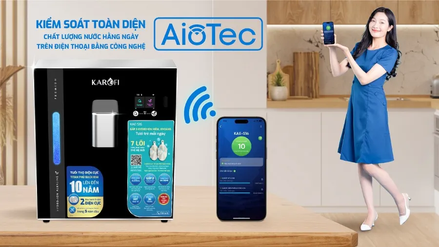 Công nghệ AioTec - kiểm soát toàn diện chất lượng nước hàng ngày qua điện thoại - Máy lọc nước Hydro-ion kiềm Karofi KAE-S16