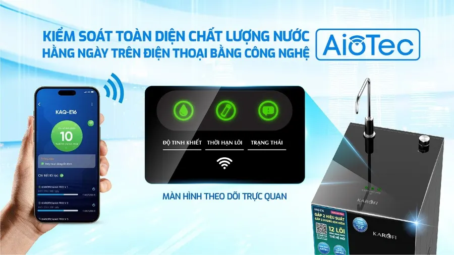 Công nghệ AioTec - giám sát chất lượng nước từ xa qua điện thoại – Máy lọc nước Karofi KAQ-E16 - Máy lọc nước Karofi KAQ-E16