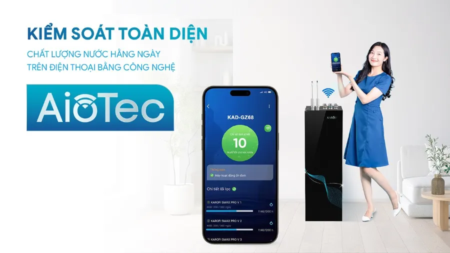 Công nghệ AioTec - chủ động kiểm soát chất lượng nước mỗi ngày – Máy lọc nước nóng lạnh Karofi KAD-GZ68 - Máy lọc nước nóng lạnh Karofi KAD-GZ68