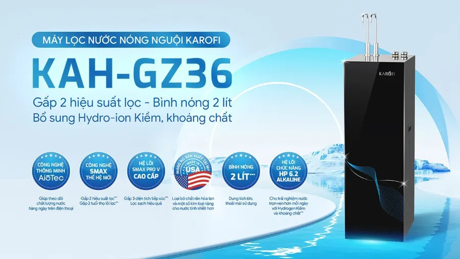 Máy lọc nước nóng nguội Karofi KAH-GZ36 gấp 2 hiệu suất lọc - bình nóng 2 lít - bổ sung hydro ion kiềm, khoáng chất - Máy lọc nước nóng nguội Karofi KAH-GZ36