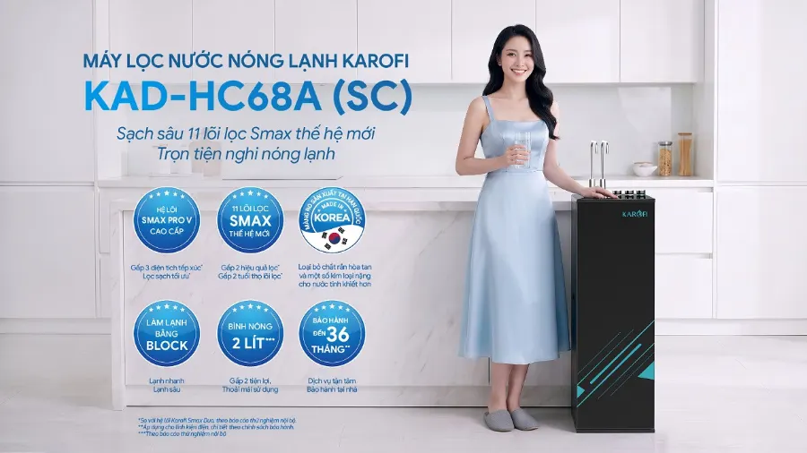 Máy lọc nước nóng lạnh Karofi KAD-HC68A (SC) (SC)Sạch sâu 11 lõi lọc Smax thế hệ mới - Trọn tiện nghi nóng lạnh - Máy lọc nước nóng lạnh Karofi KAD-HC68A (SC)