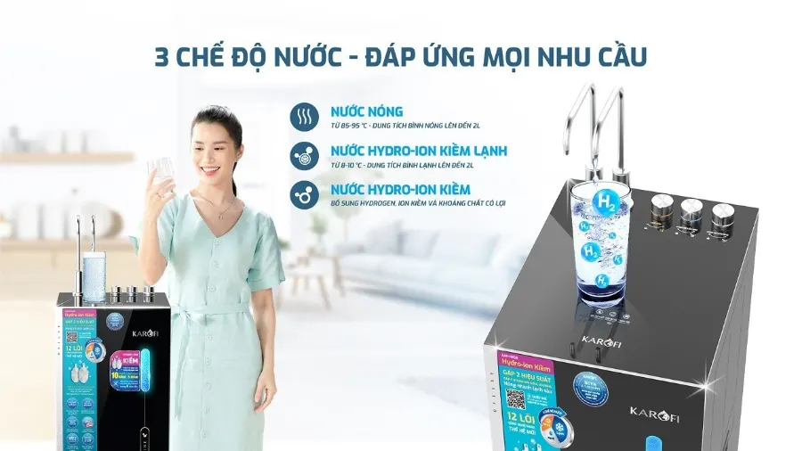 3 chế độ nước - đáp ứng đầy đủ mọi nhu cầu – Máy lọc nước nóng lạnh Hydro-ion kiềm Karofi KAE-HKT68 - Máy lọc nước nóng lạnh Hydro-ion kiềm Karofi KAE-HKT68