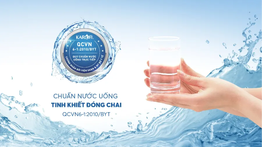 Nước sau lọc đạt chuẩn nước uống tinh khiết đóng chai QCVN 6-1:2010 BYT - Máy lọc nước nóng lạnh Karofi KAD-D66