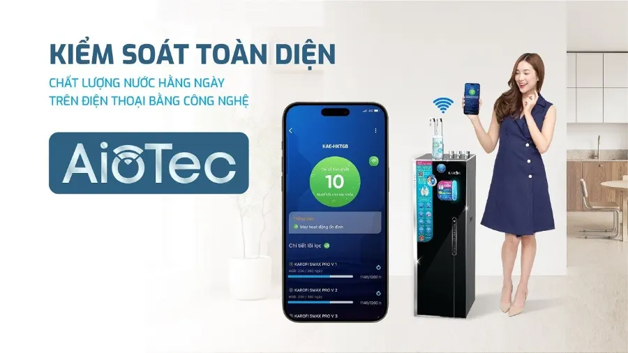 Công nghệ AioTec - giám sát chất lượng nước toàn diện hàng ngày – Máy lọc nước nóng lạnh Hydro-ion kiềm Karofi KAE-HKT68 - Máy lọc nước nóng lạnh Hydro-ion kiềm Karofi KAE-HKT68