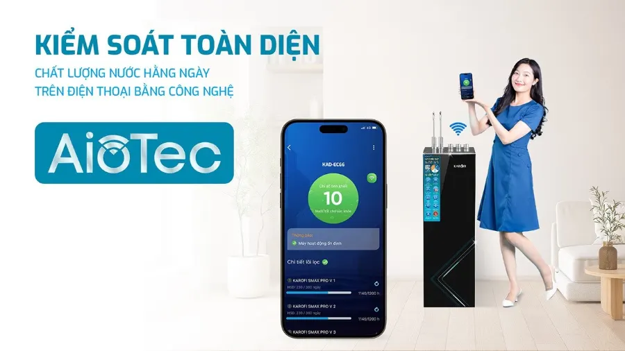 Công nghệ AioTec - giám sát chất lượng nước từ xa qua điện thoại – Máy lọc nước nóng lạnh Karofi KAD-EC66 - Máy lọc nước nóng lạnh Karofi KAD-EC66