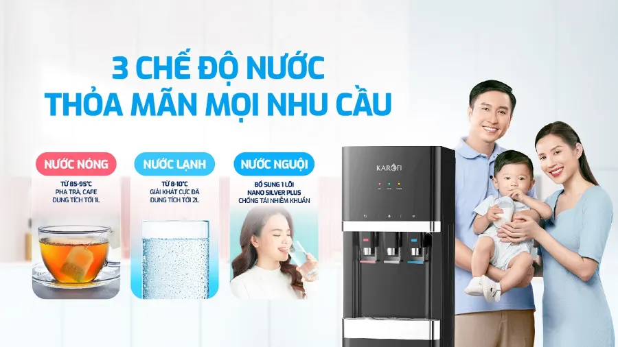3 chế độ nước - thỏa mãn mọi nhu cầu - Cây nước nóng lạnh Karofi HCV208B