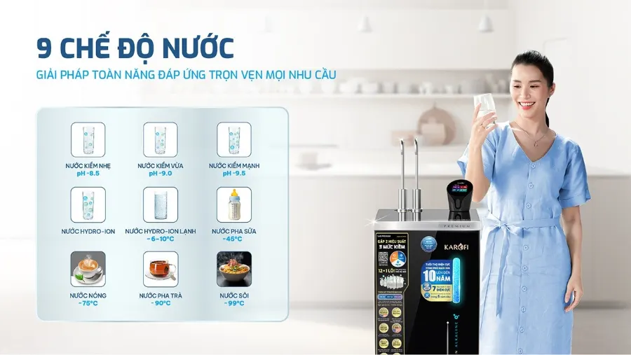 1 chạm - 9 chế độ nước cá nhân hóa theo từng nhu cầu – Máy lọc nước nóng lạnh Hydro-ion kiềm Karofi SA8 PREMIUM - Máy lọc nước nóng lạnh Hydro-ion kiềm Karofi SA8 PREMIUM
