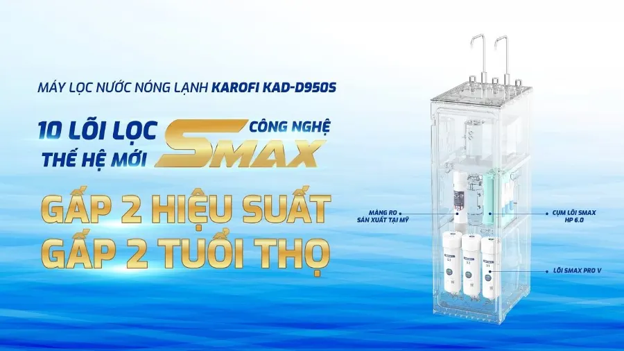Hệ thống 10 lõi lọc Smax mạnh mẽ - Máy lọc nước nóng lạnh Karofi KAD-D950S