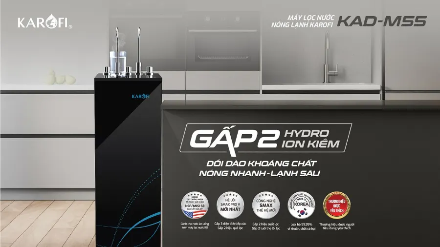 Máy lọc nước nóng lạnh Karofi KAD-M55 gấp 2 Hydro-ion kiềm - dồi dào khoáng chất nóng nhanh - lạnh sâu - Máy lọc nước nóng lạnh Karofi KAD-M55