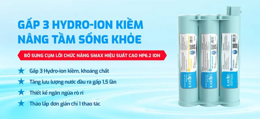 Hệ lõi chức năng HP 6.2 ion - tăng cường hydrogen và khoáng chất - Máy lọc nước Hydro-ion kiềm Karofi KAE-S16
