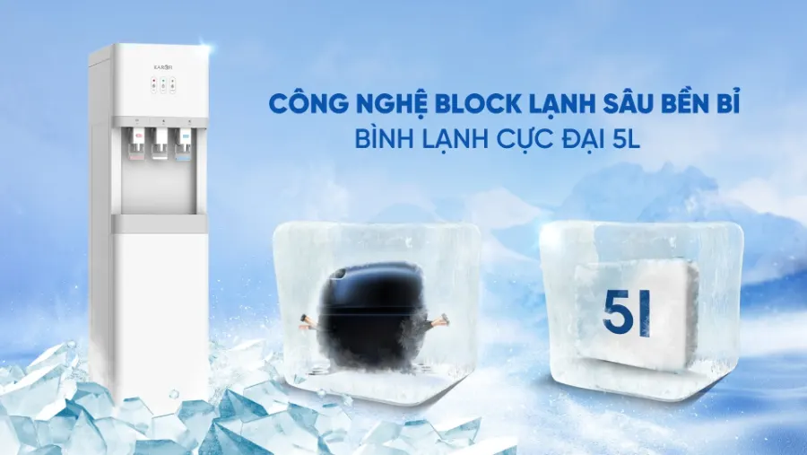 Công nghệ Block lạnh nhanh lạnh sâu - Bình lạnh cực đại 5L - Máy nóng lạnh Karofi HCV209