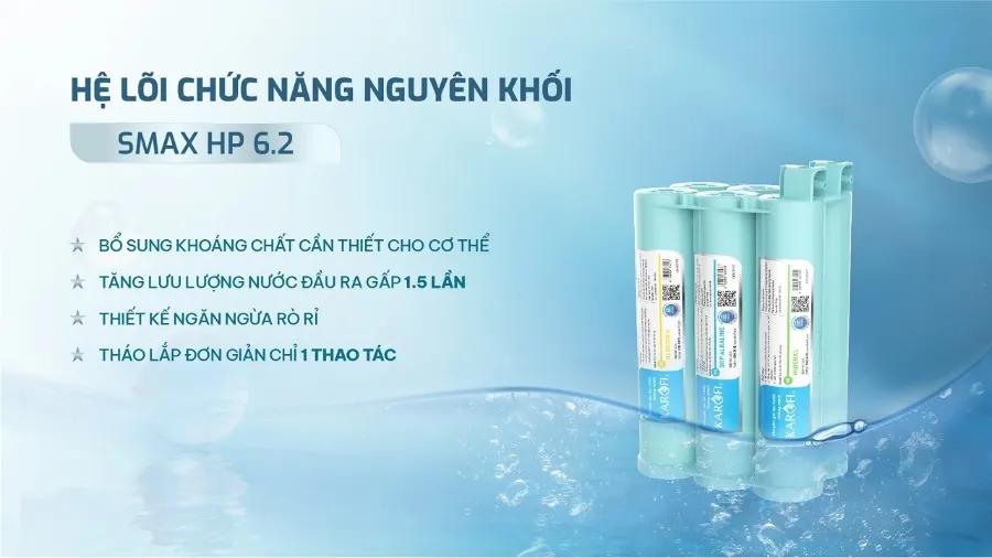 Hệ lõi chức năng hiệu suất cao SMAX HP 6.2 – Máy lọc nước nóng lạnh Hydro-ion kiềm Karofi KAE-HKT68 - Máy lọc nước nóng lạnh Hydro-ion kiềm Karofi KAE-HKT68