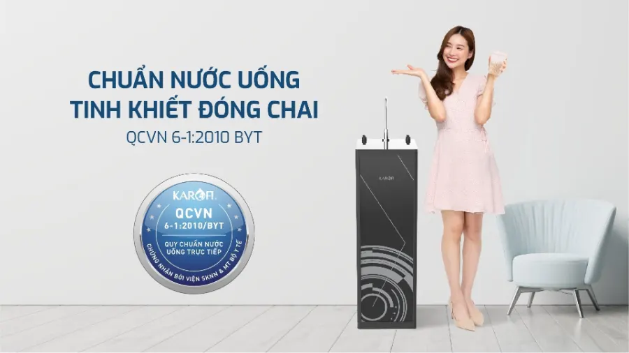 Chuẩn nước uống tinh khiết đóng chai qcvn 6-1:2010 byt - Máy lọc nước nóng lạnh Karofi KAD-D66V
