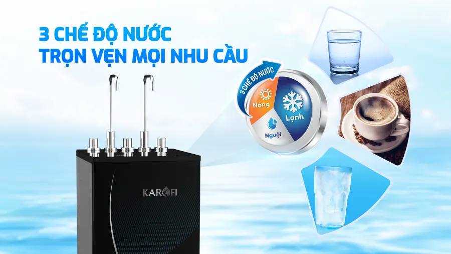 3 chế độ nước - thỏa mãn mọi nhu cầu – Máy lọc nước nóng lạnh Karofi KAD-D69 - Máy lọc nước nóng lạnh Karofi KAD-D69