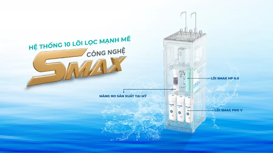 10 lõi lọc Smax mạnh mẽ, gấp đôi công suất và tuổi thọ - Máy lọc nước nóng lạnh Karofi KAD-L56
