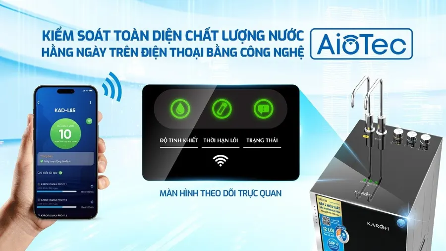 Công nghệ AioTec thông minh - giám sát độ sạch của nước từ xa, an tâm toàn diện – Máy lọc nước nóng lạnh Karofi KAD-L85 - Máy lọc nước nóng lạnh Karofi KAD-L85