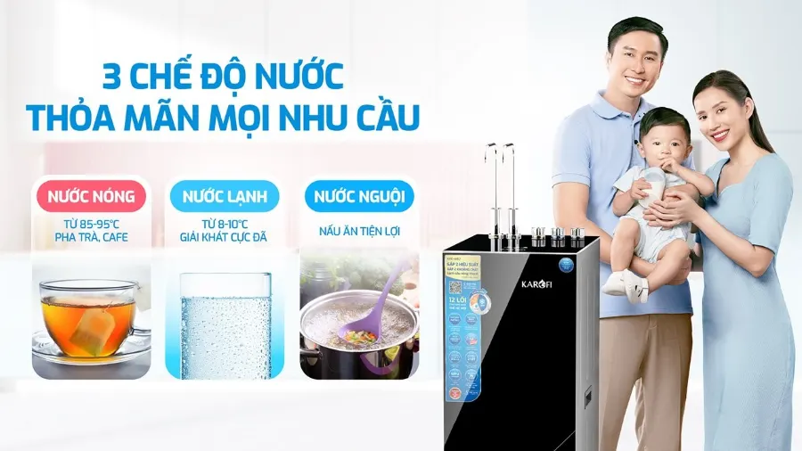 3 chế độ nước - thỏa mãn mọi nhu cầu – Máy lọc nước nóng lạnh Karofi KAD-M82 - Máy lọc nước nóng lạnh Karofi KAD-M82
