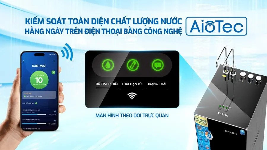 Công nghệ AioTec - giám sát chất lượng nước từ xa qua điện thoại - Máy lọc nước nóng lạnh Karofi KAD-M82