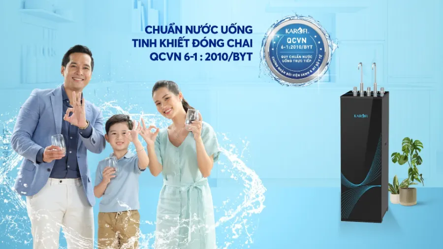 Nước sau lọc đạt chuẩn nước uống tinh khiết đóng chai QCVN 6-1:2010 BYT - Máy lọc nước nóng lạnh Karofi KAD-X56