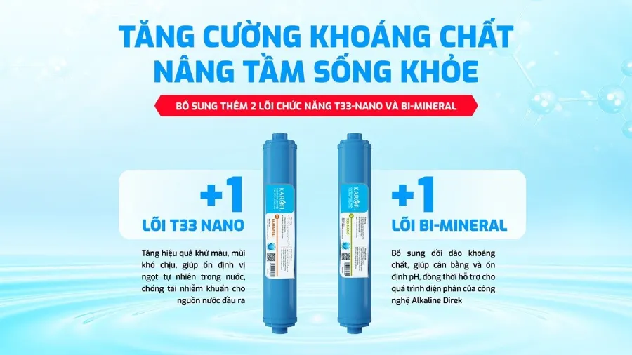 Bổ sung thêm 2 lõi chức năng - tăng cường khoáng chất - Máy lọc nước Hydro-ion kiềm Karofi KAE-S18