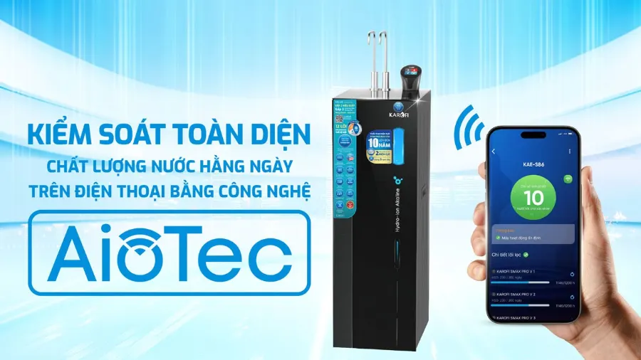 Công nghệ AioTec thông minh - kiểm soát chất lượng nước toàn diện qua điện thoại – Máy lọc nước nóng lạnh Hydro-ion kiềm Karofi KAE-S86 - Máy lọc nước nóng lạnh Hydro-ion kiềm Karofi KAE-S86