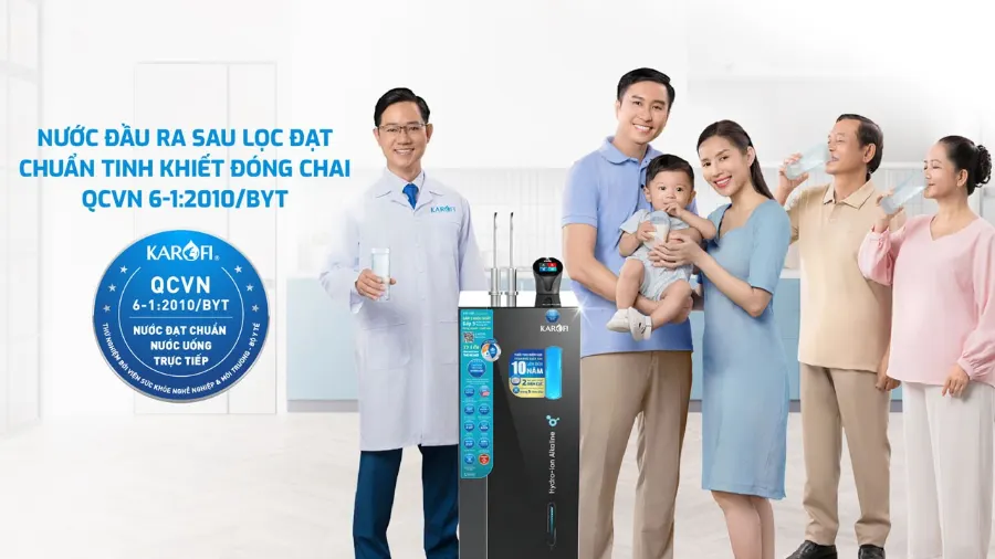 Nước sau lọc tài vòi đạt chuẩn tinh khiết đóng chai qcvn 6-1:2010/BYT – Máy lọc nước nóng lạnh Hydro-ion kiềm Karofi KAE-S86 - Máy lọc nước nóng lạnh Hydro-ion kiềm Karofi KAE-S86
