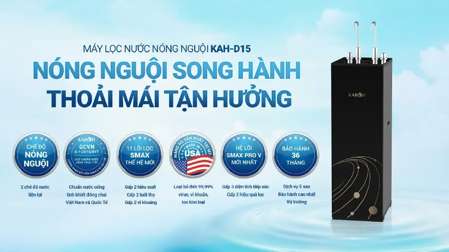 Máy lọc nước nóng nguội máy lọc nước nóng nguội Karofi KAH-D15 - Nóng nguội song hành - Thoải mái tận hưởng - Máy lọc nước nóng nguội Karofi KAH-D15