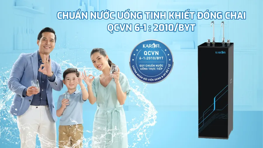 Nước sau lọc đạt chuẩn tinh khiết đóng chai qcvn 6:1-2010/BYT - Máy lọc nước nóng nguội Karofi KAH-D18