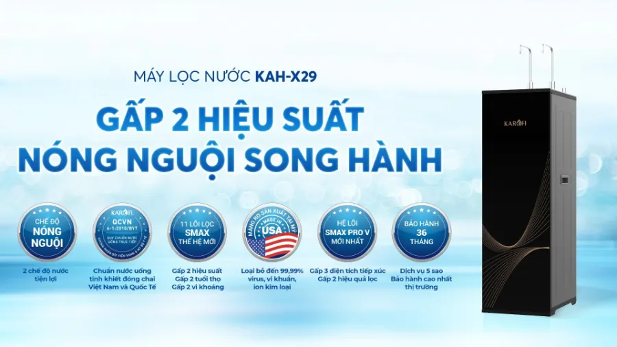Máy lọc nước nóng nguội Karofi KAH-X29 Gấp 2 hiệu suất - Nóng nguội song hành - Máy lọc nước nóng nguội Karofi KAH-X29
