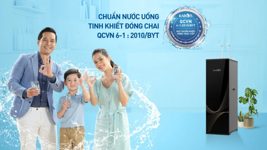 Nước sau lọc đạt chuẩn nước uống tinh khiết đóng chai QCVN 6-1:2010 BYT - Máy lọc nước nóng nguội Karofi KAH-X29