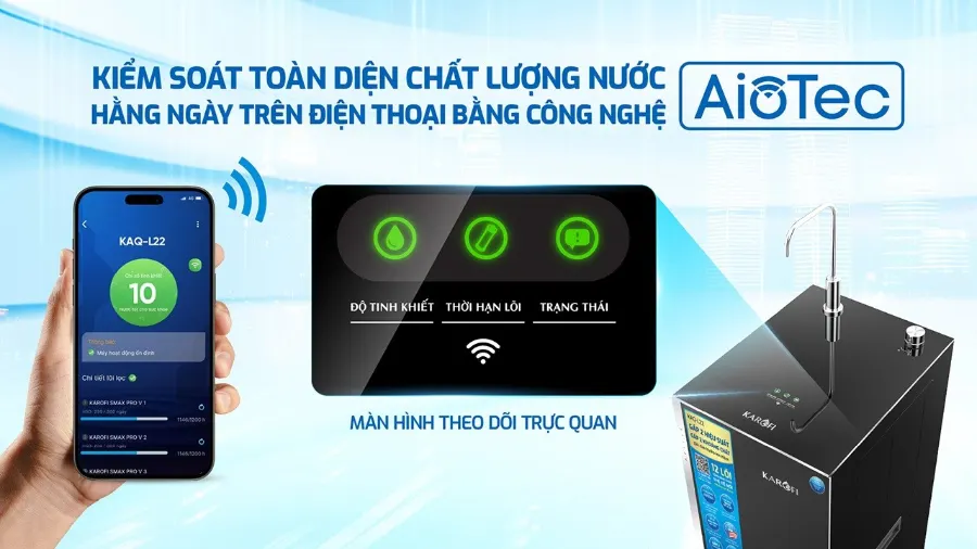 Công nghệ AioTec - giám sát chất lượng nước từ xa qua điện thoại – Máy lọc nước Karofi KAQ-L22 - Máy lọc nước Karofi KAQ-L22