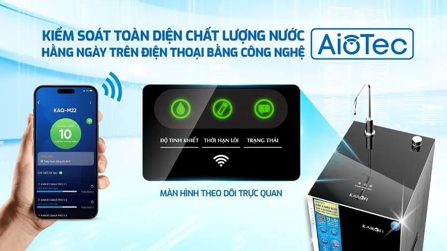 Công nghệ AioTec - giám sát chất lượng nước từ xa qua điện thoại – Máy lọc nước Karofi KAQ-M22 - Máy lọc nước Karofi KAQ-M22