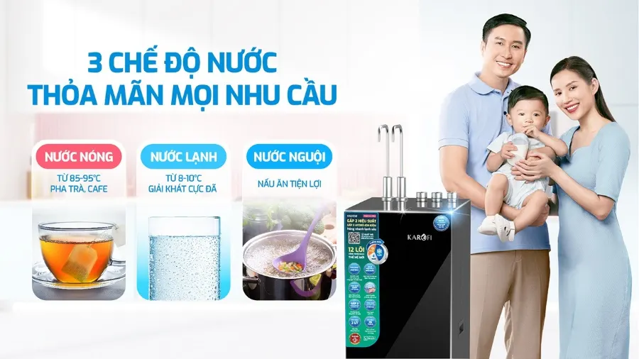 3 chế độ nước - thỏa mãn mọi nhu cầu – Máy lọc nước nóng lạnh Karofi KAD-E58 - Máy lọc nước nóng lạnh Karofi KAD-E58
