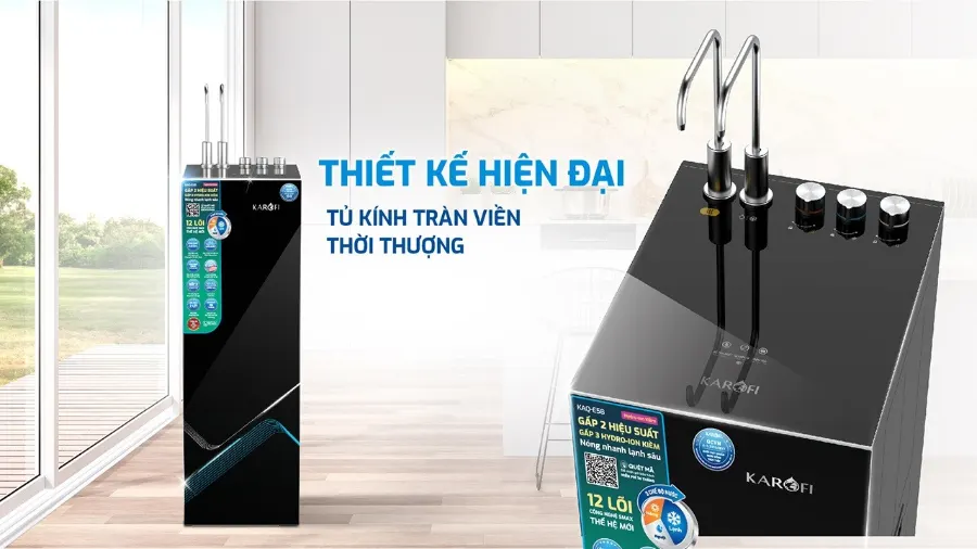 Thiết kế hiện đại - tủ kính tràn viền thời thượng - Máy lọc nước nóng lạnh Karofi KAD-E58