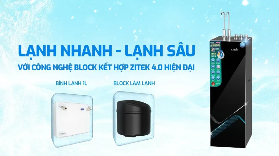 Lạnh nhanh, lạnh sâu với công nghệ block kết hợp zitek 4.0 hiện đại – Máy lọc nước nóng lạnh Karofi KAD-E58 - Máy lọc nước nóng lạnh Karofi KAD-E58