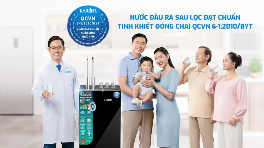 Nước sau lọc đạt chuẩn nước uống tinh khiết đóng chai QCVN 6-1:2010 BYT - Máy lọc nước nóng lạnh Karofi KAD-E58