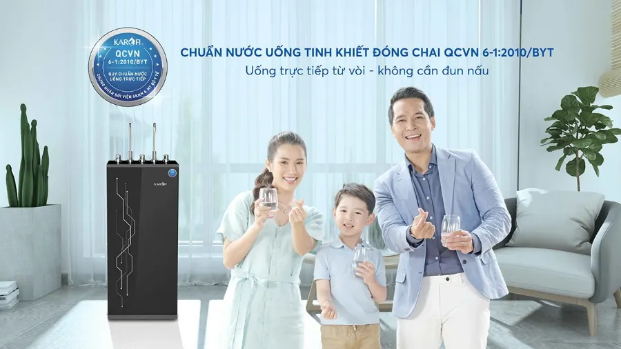 Nước sau lọc đạt chuẩn nước uống tinh khiết đóng chai QCVN 6-1:2010 BYT - Máy lọc nước nóng lạnh Karofi KAD-I55