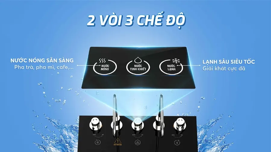 2 vòi độc lập cùng 3 chế độ nước nóng - lạnh - tinh khiết luôn sàng cho mọi nhu cầu của cả gia đình - Máy lọc nước nóng lạnh Karofi KAD-L56
