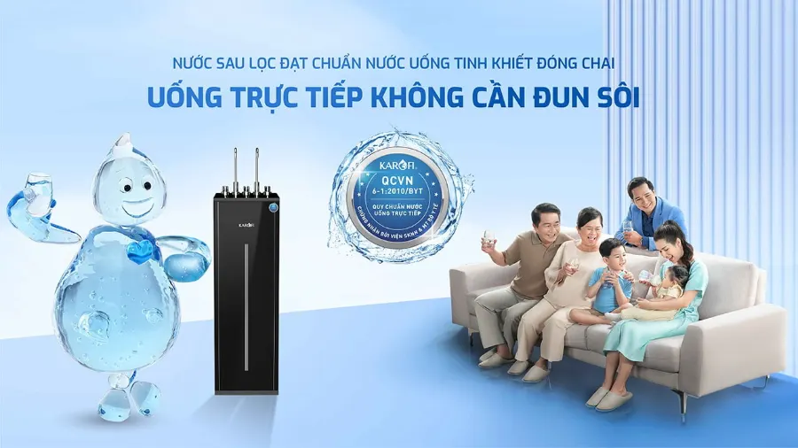 Nước sau lọc đạt chuẩn nước uống đóng chai QCVN 6-1:2010 BYT - Máy lọc nước nóng lạnh Karofi KAD-L56