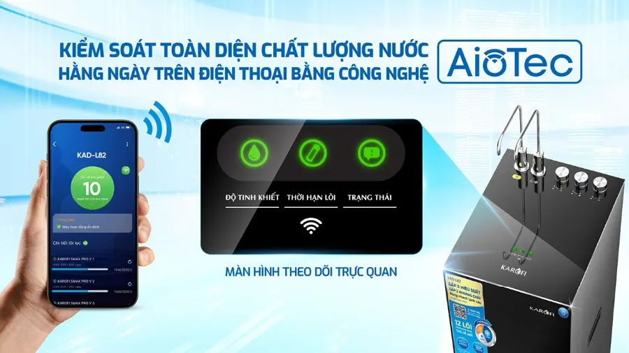 Công nghệ AioTec - giám sát chất lượng nước từ xa qua điện thoại - Máy lọc nước nóng lạnh Karofi KAD-L82