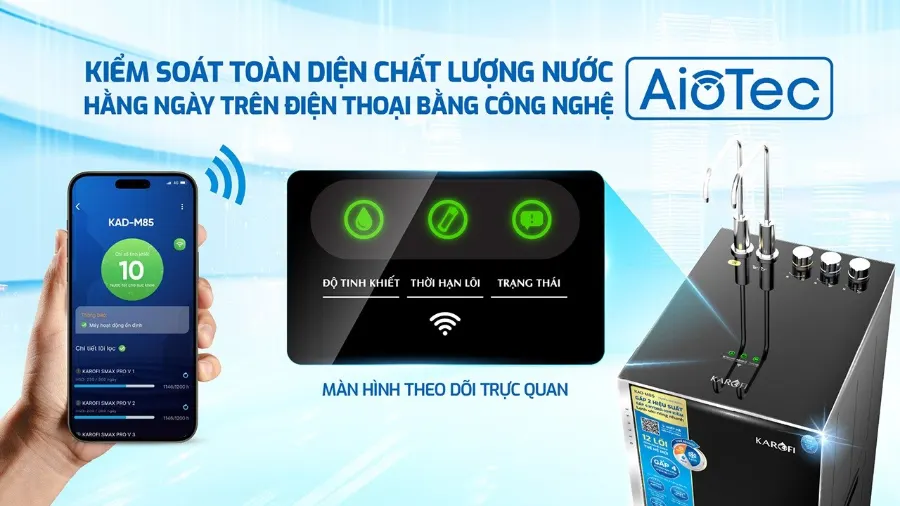 Công nghệ AioTec thông minh - giám sát độ sạch của nước từ xa, an tâm toàn diện – Máy lọc nước nóng lạnh Karofi KAD-M85 - Máy lọc nước nóng lạnh Karofi KAD-M85
