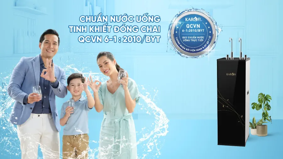 Nước sau lọc đạt chuẩn nước uống tinh khiết đóng chai QCVN 6-1:2010/BYT - Máy lọc nước nóng lạnh Karofi KHY-TN86