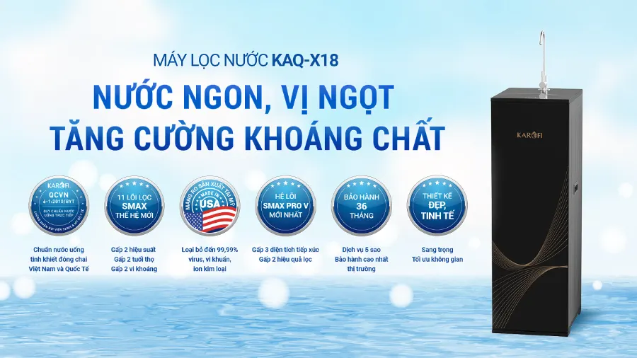 Nước ngon, vị ngọt - tăng cường khoáng chất - Máy lọc nước Karofi KAQ-X18