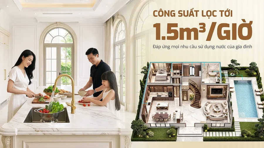 Công suất xử lý nước đầu nguồn lên tới 1.5M3/H - bảo vệ toàn diện – Lọc tổng Karofi WHF-E666 - Lọc tổng Karofi WHF-E666