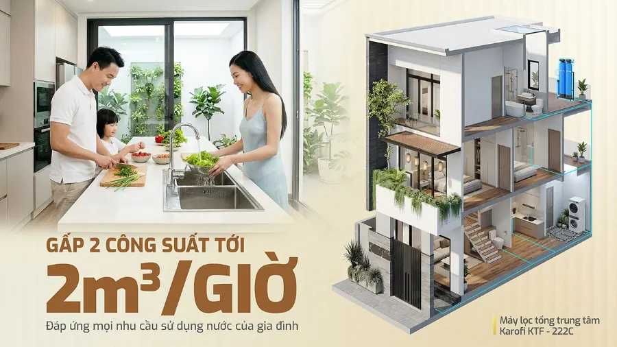 Công suất xử lý nước đầu nguồn lên tới 2m³/h - Bảo vệ toàn diện - Lọc tổng Karofi KTF-222C