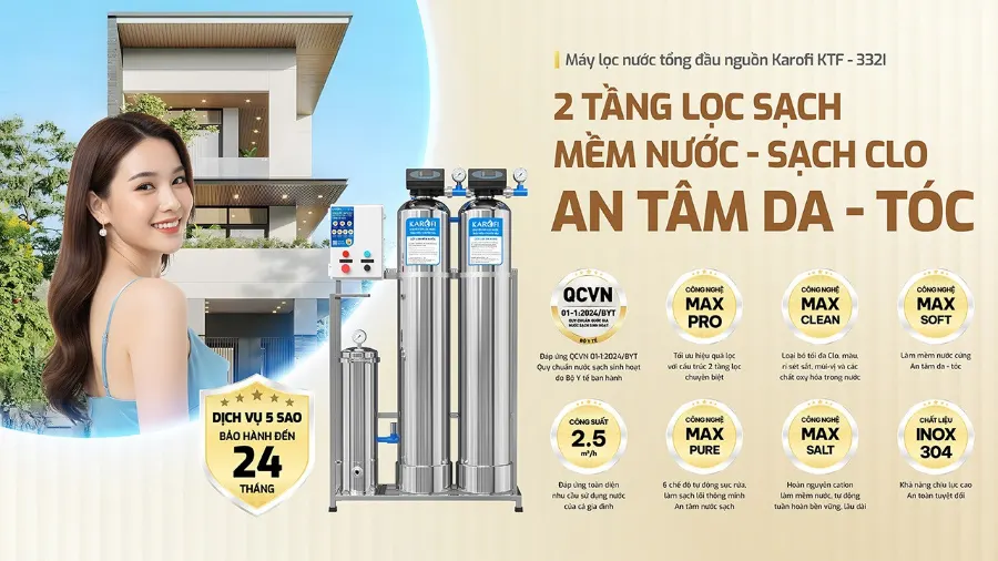 Máy lọc nước tổng đầu nguồn Karofi KTF-332I - 2 tầng lọc sạch, mềm nước - sạch clo, an tâm da tóc - Lọc tổng Karofi KTF-332