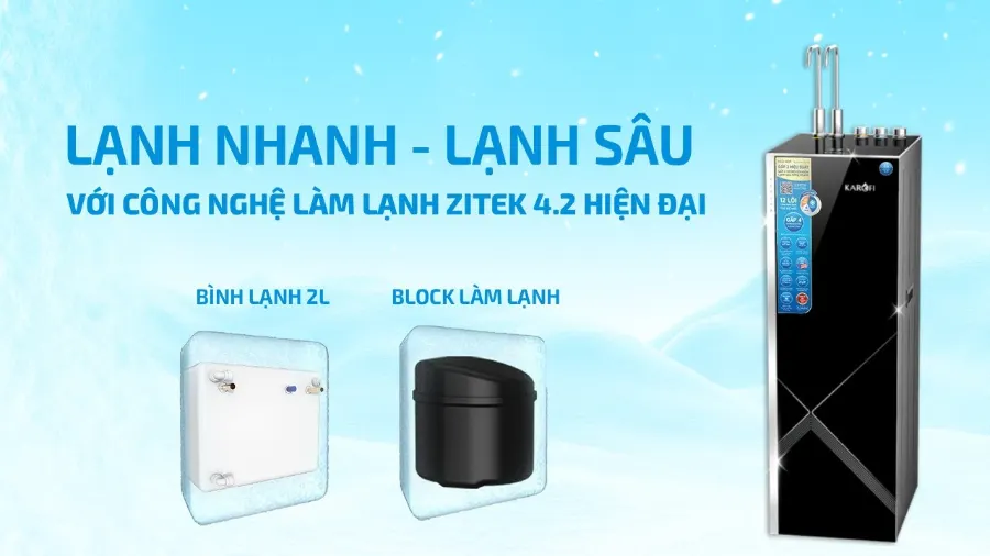 Công nghệ làm lạnh zitek 4.2 hiện đại bậc nhất với bình lạnh SMAX 2l – Máy lọc nước nóng lạnh Karofi KAD-M85 - Máy lọc nước nóng lạnh Karofi KAD-M85