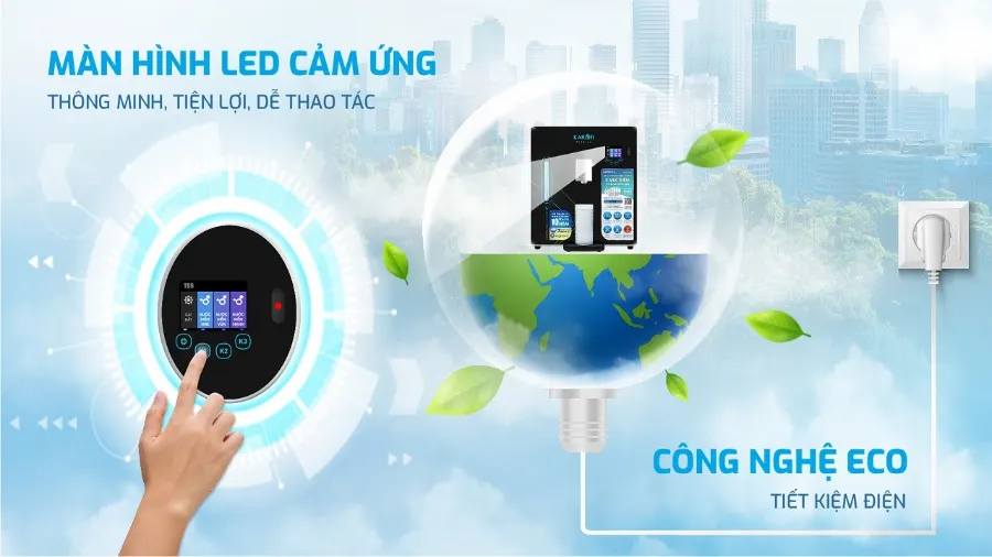 Màn hình LED cảm ứng tiện lợi - công nghệ tiết kiệm điện - Máy lọc nước Hydro-ion kiềm Karofi DA8 PREMIUM
