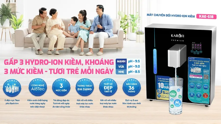 Máy chuyển đổi Hydro-ion kiềm máy lọc nước Hydro-ion kiềm Karofi KAE-S18 gấp 3 Hydro-ion kiềm, khoáng – 3 mức kiềm - Máy lọc nước Hydro-ion kiềm Karofi KAE-S18