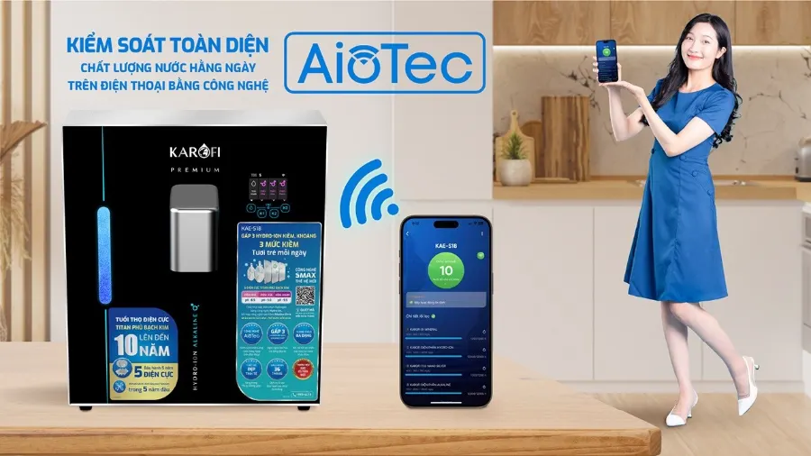 Công nghệ AioTec - giám sát chất lượng nước từ xa qua điện thoại – Máy lọc nước Hydro-ion kiềm Karofi KAE-S18 - Máy lọc nước Hydro-ion kiềm Karofi KAE-S18